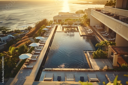 A rooftop terrace of a luxury hotel featuring a sparkling infinity pool and chic cabanas photo