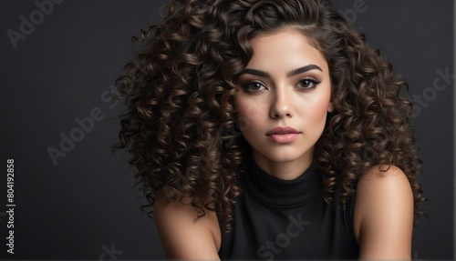 beautiful hispanic female fashion model with curly hair close-up portrait posing on plain black background from Generative AI