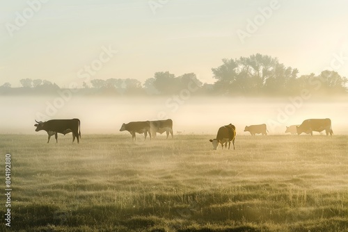 A herd of cattle peacefully grazing on a lush green field in the countryside