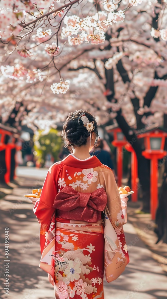 Japanese woman in traditional kimono dress holding sweet hanami dango dessert while walking in the park at cherry blossom tree during spring sakura festival Japanese woman in traditional kimono dress holding sweet hanami dango dessert while walking in the park at cherry blossom tree during spring sakura festival