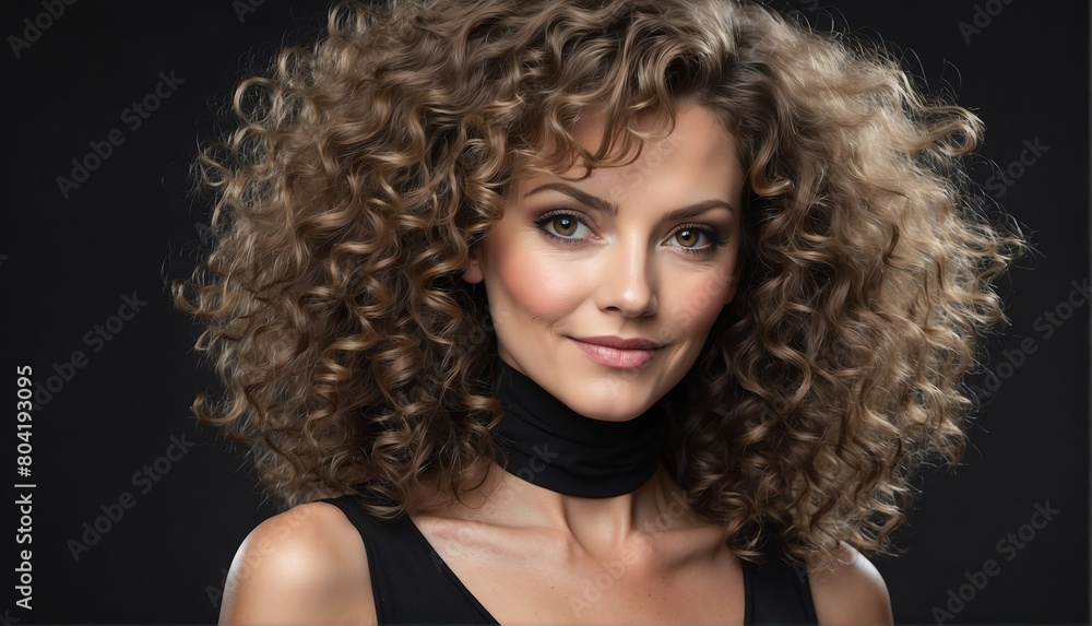 beautiful middleaged female fashion model with curly hair close-up portrait posing on plain black background from Generative AI