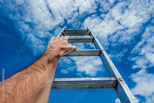 A man stands on a ladder  reaching towards the sky with his hand  set against a backdrop of KLYH