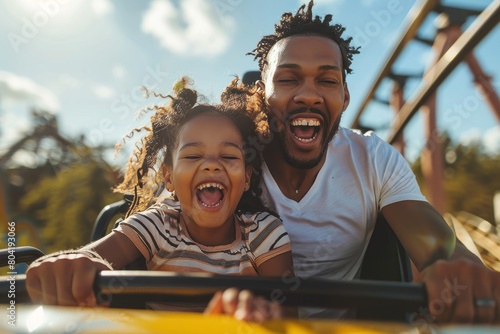 A man and a little girl enjoy a thrilling ride on a roller coaster, both filled with excitement and exhilaration photo