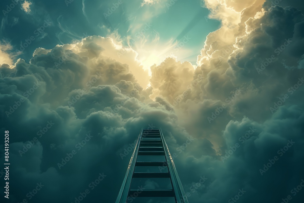 A ladder stretches into the sky, surrounded by billowing clouds and rays of sunlight breaking through