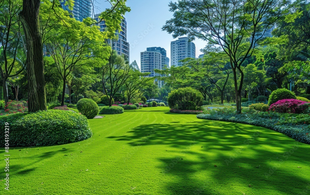 A vibrant park filled with lush greenery, multiple trees, and bushes