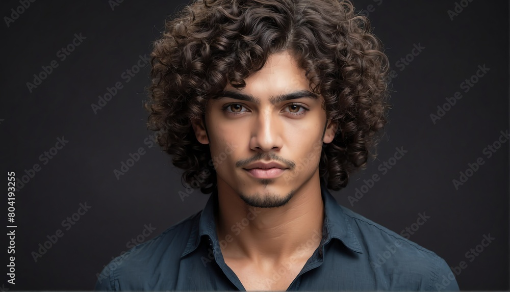 Fototapeta premium handsome hispanic male fashion model with curly hair close-up portrait posing on plain black background from Generative AI