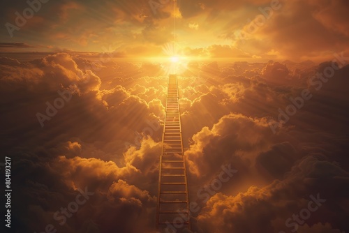 A ladder extends upwards into a sky filled with clouds, with sunlight breaking through the fluffy white clouds