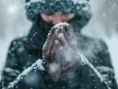 A person is standing in the snow  with their hands clasped together