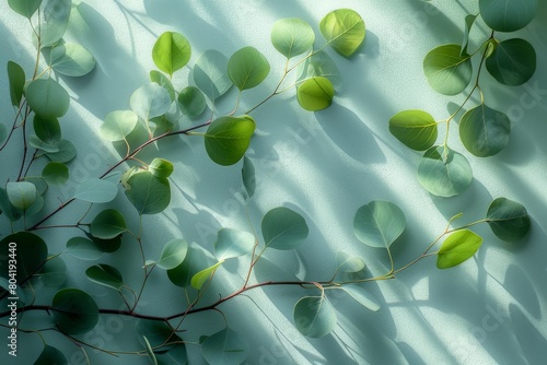 A close-up of eucalyptus leaves with sunlight filtering through  casting intricate shadows on a textured background