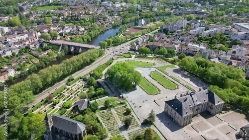Botanical garden of bishopric and Pont Neuf bridge, Limoge in France. Aerial backward and cityscape photo