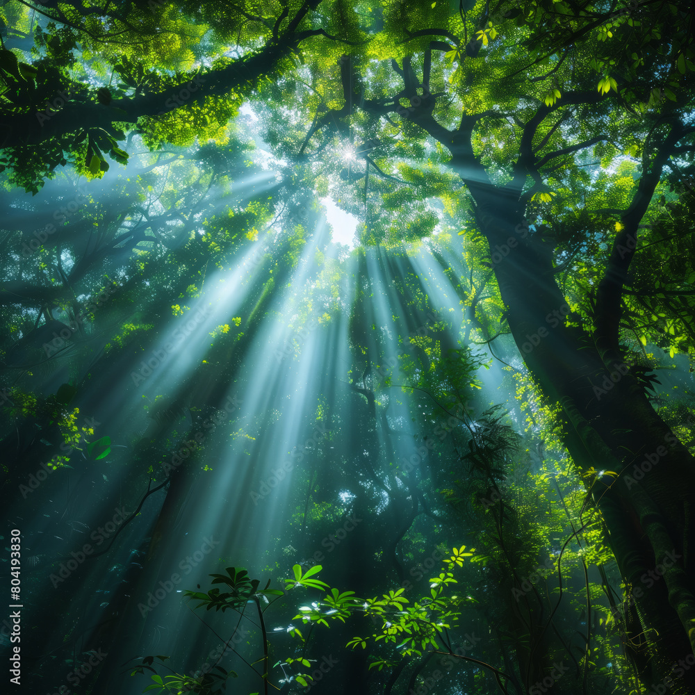 Obraz premium Sunlight filters through a dense forest canopy creating magical sunbeams