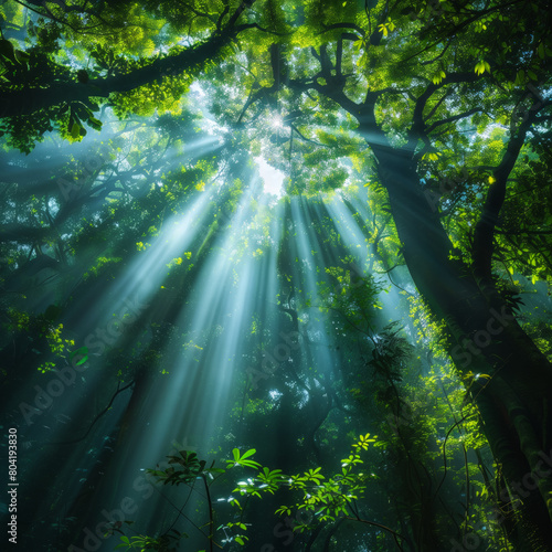 Sunlight filters through a dense forest canopy creating magical sunbeams