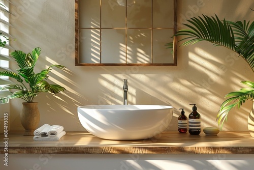 A serene bathroom fitted with a modern vessel sink  wooden countertop  framed mirror  and a touch of greenery against a textured wall bathed in sunlight