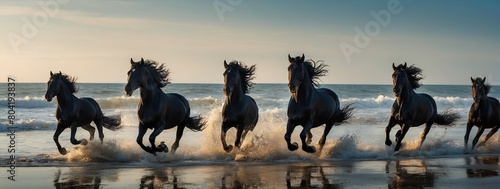 Herd of Friesian black horses galloping on beach