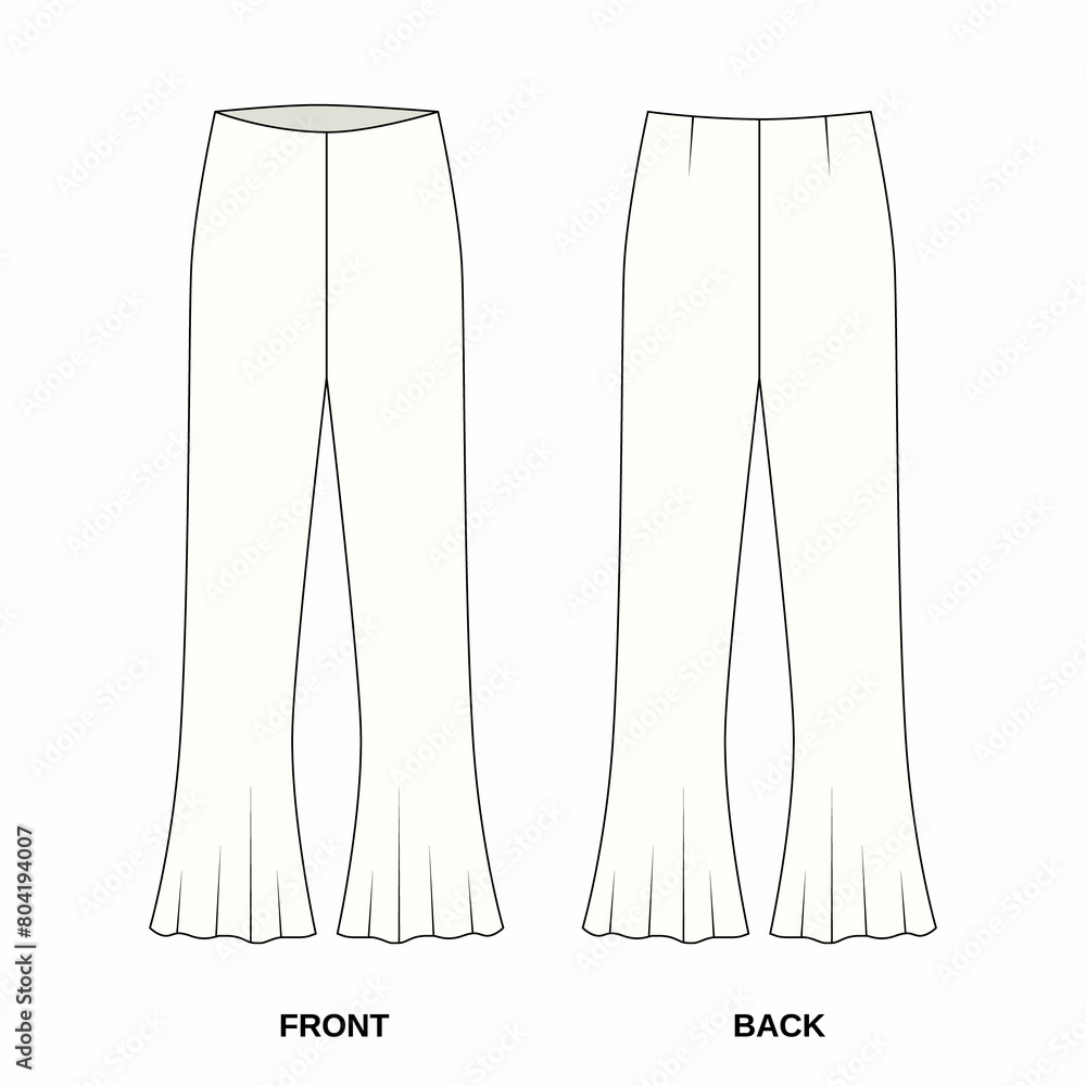 Technical drawing of flared pants front and back view. Outline template of fashionable pants flared to the bottom. Sketch of women's summer pants, isolate on white background. Technical drawing of flared pants front and back view. Outline template of fashionable pants flared to the bottom. Sketch of women's summer pants, isolate on white background.