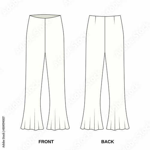 Technical drawing of flared pants front and back view. Outline template of fashionable pants flared to the bottom. Sketch of women's summer pants, isolate on white background.