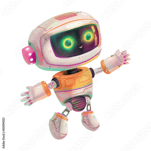 cute robot flying watercolor illustration