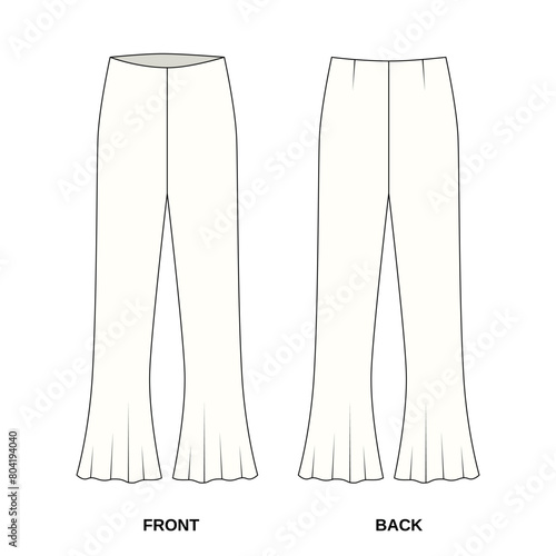 Technical drawing of clash pants front and back view. Vector pattern of fashionable pants flared to the bottom. Sketch of women's summer pants, vector.