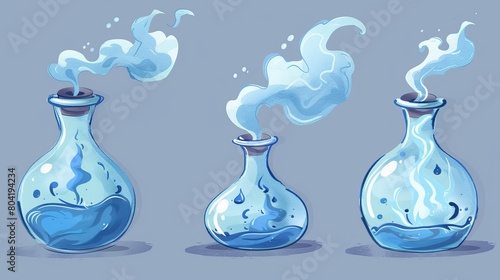Isolated modern illustration of glass flasks with magic blue elixir, explosion or evaporation gas effect - potion bottle with puff cloud animation.