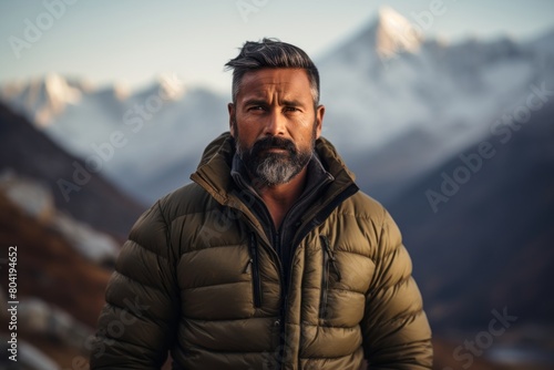 Portrait of a content indian man in his 40s donning a durable down jacket isolated in backdrop of mountain peaks