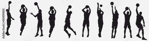 Basketball player. Collection of different basketball players in various pose.  Set of basketball players throwing ball isolated on white background 
