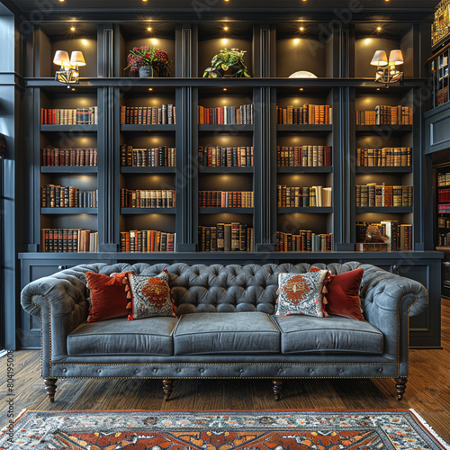 Bookshelves in the library. Large bookcase with lots of books. Sofa in the room for reading books. Library or shop with bookcases. Cozy book background. Made with generative ai 