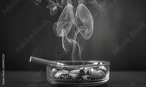 Cigarettes in the ashtray with lung-shaped smoke photo