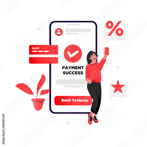 Vector of happy woman paying with credit card with phone on her back