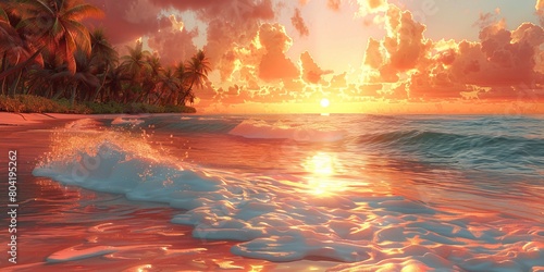 Exotic Sunset Beach in the Bahamas. Calm Honeymoon Seascape.