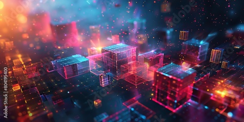 abstract illustration of geometric shapes and structures in colorful neon colors and lights in cyberspace against dark background