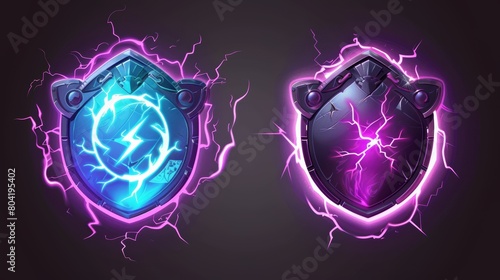 An astounding set of real-life defense energy shields png isolated on transparent background. A modern illustration of purple neon glowing hemispheres with lightning strike effects. A magical