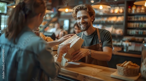 Everyday Retail Scene: Smiling Customer Receives Card from Attentive Staff