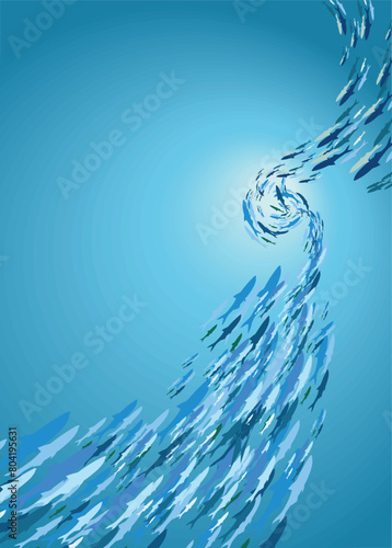 A school of fish swims in a spiral shape under the blue water. Monochrome color vector illustration.