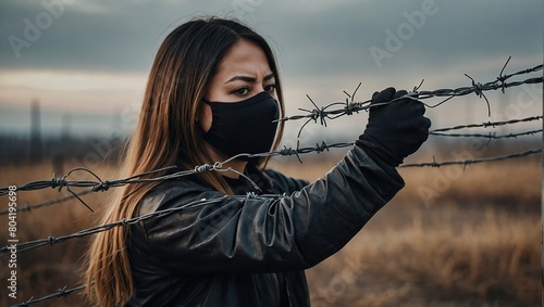 Standing against oppression concept with masked woman grabbing barbwire, opposition and standing up against tyranny photo