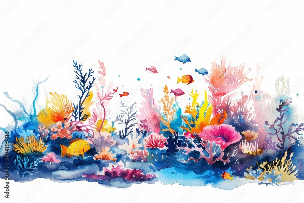 The scene of a vibrant coral reef teeming with marine life is beautifully captured in this watercolor painting, Clipart minimal watercolor isolated on white background
