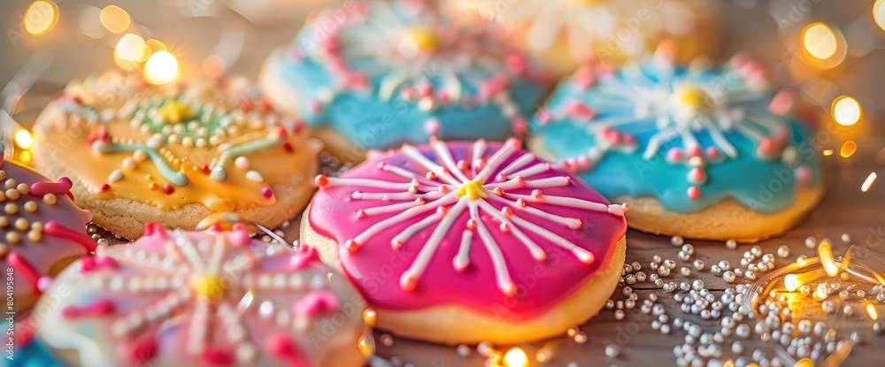 Firework-inspired cookies with colorful icing bursts , professional photography and light