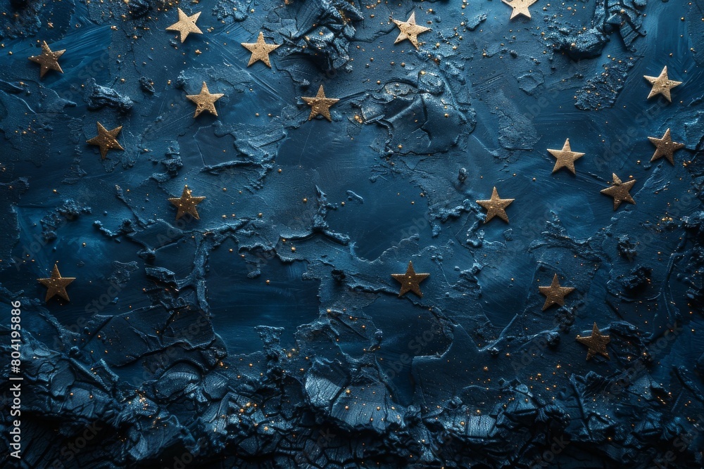 A close-up of metallic golden stars scattered on a dark blue textured painted surface A close-up of metallic golden stars scattered on a dark blue textured painted surface