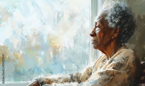 Old black woman sitting and resting in a nursing home looking out the window at the retirement community.
