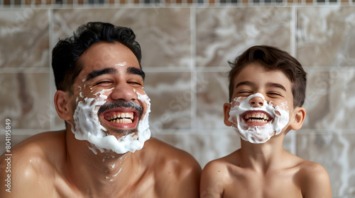 A happy father and son laughing while they shaved their faces with white foam in the bathroom photo