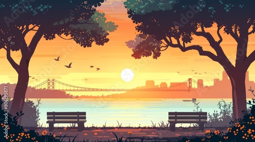 City park on river waterfront with green trees, benches, silhouettes of town buildings, and bridge silhouette on horizon. Summer landscape of sea beach embankment at sunset.
