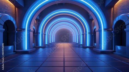 Modern art gallery  space station  futuristic building interior design with neon blue light arches. Modern illustration of an empty 3D passageway.