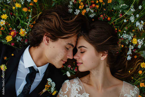 Beautiful wedding photo of the bride and groom lying peacefully in a flower field together