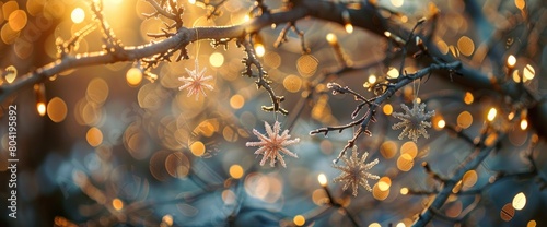Firework-shaped ornaments dangling from the branches , professional photography and light