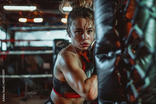 A beautiful female fighter training at a boxing gym.