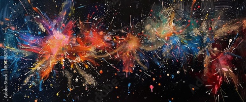 Firework painting with glitter glue and black paper , professional photography and light