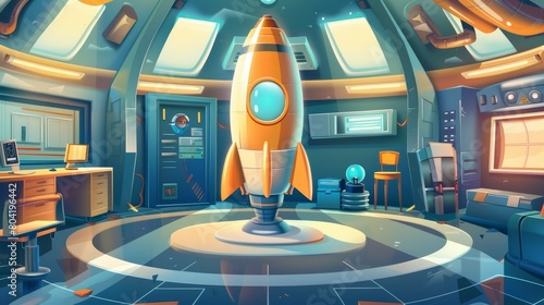 In this cartoon spaceship illustration, the astronaut character is surrounded by a futuristic interior in the rocket lab with the cosmonaut. Steel metal textures are present in the shuttle control photo