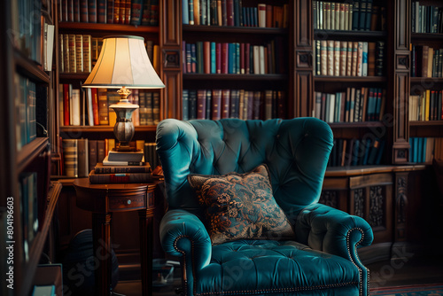 a blue chair sits in front of some bookshelves © Wirestock