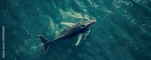 Aerial view of a humpback whale diving back under the surface of the Atlantic Ocean in the Hamptons, New York United States. photo