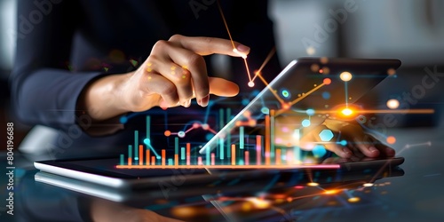 Financial consultant using tablet to analyze 3D digital market trends and growth visualizations with complex financial data background