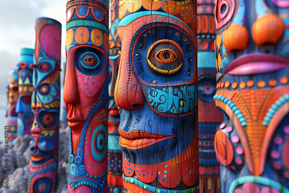 Fototapeta premium Colorful Totem Poles Art Display with Intricate Patterns and Textures
